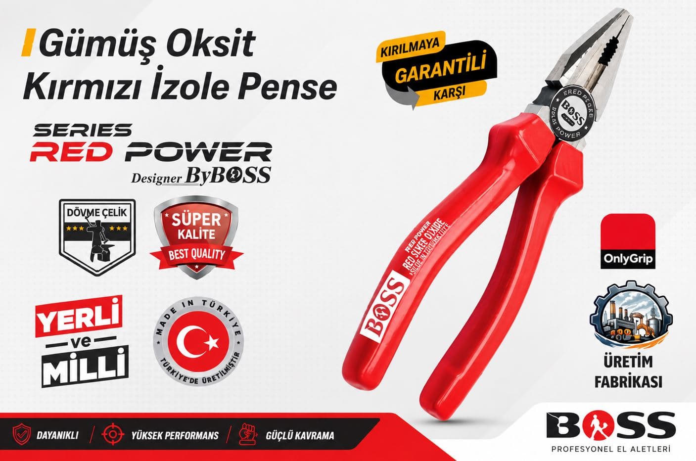 BOSS85626 BOSS GÜMÜŞ OKSİT KIRMIZI İZOLE PENSE 180MM